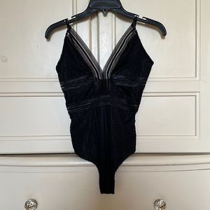 Blue Blush Black Bodysuit w/ Adjustable Straps Illusion and Lined Size S…